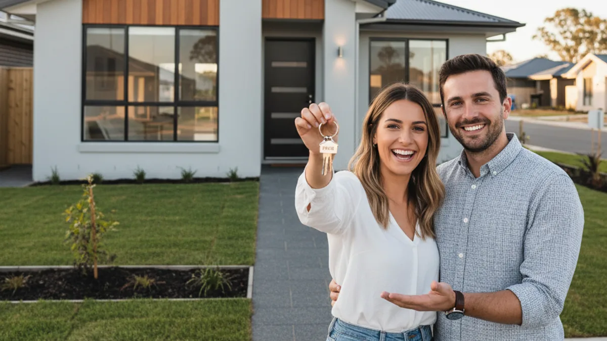 Young couple holding keys to a new North Brisbane home loan property